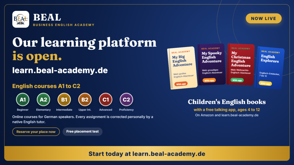 BEAL learning platform learn.beal-academy.de: English courses A1 to C2 and children's English books with talking apps